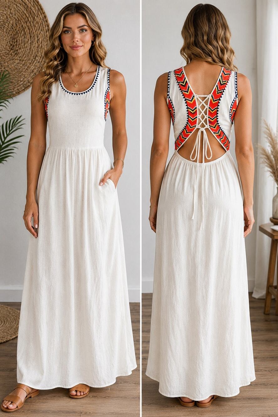 Romeo + Juliet Couture Embroidered Maxi Dress | Boho Cutout Back 100% Cotton L